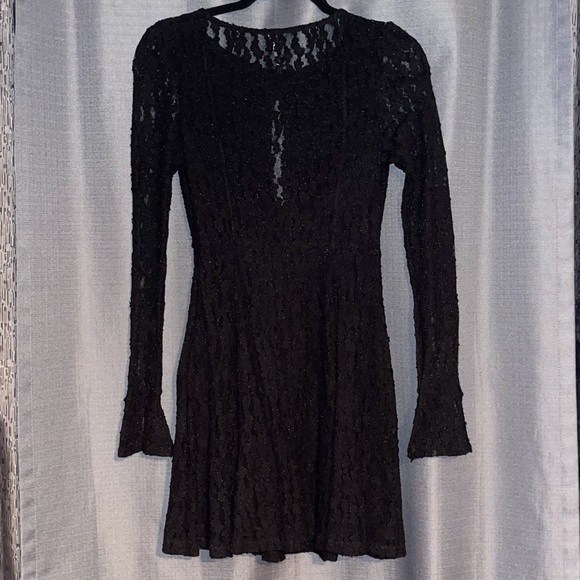 Free People | Dresses | Free People Black Lace Long Sleeve Fit And Flare  Mini Dress | Poshmark